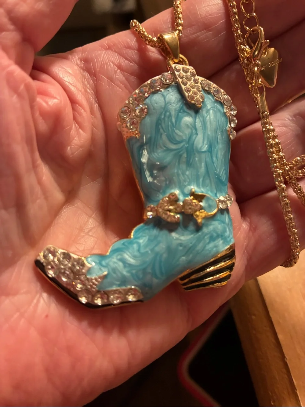 Light blue Cowgirl Boot Pendant Necklace with Rhinestones